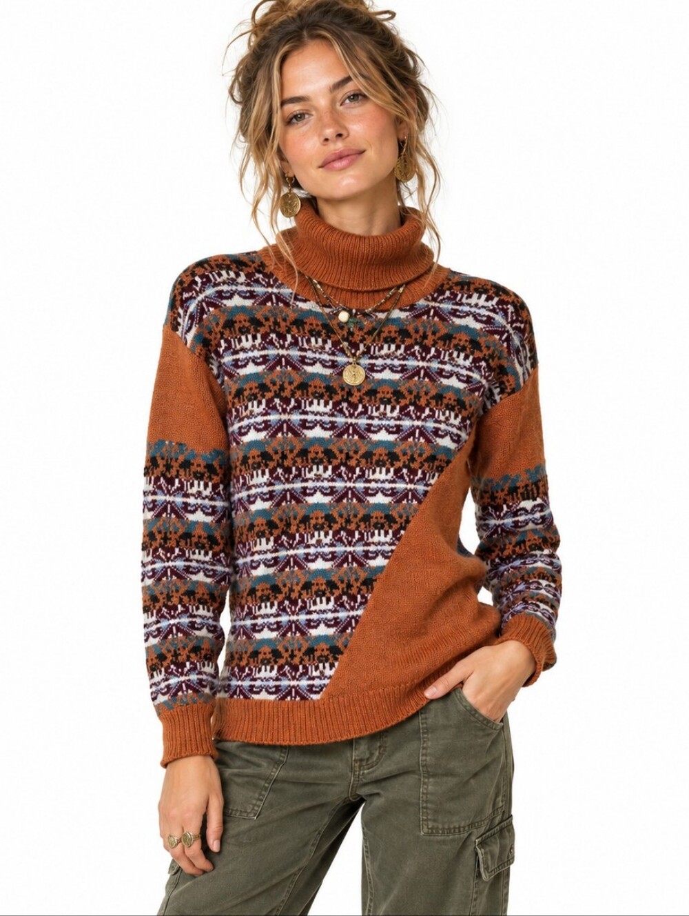 Easel Artsy Turtleneck Sweater S Rust Orange Geometric Fair Isle Autumn Casual